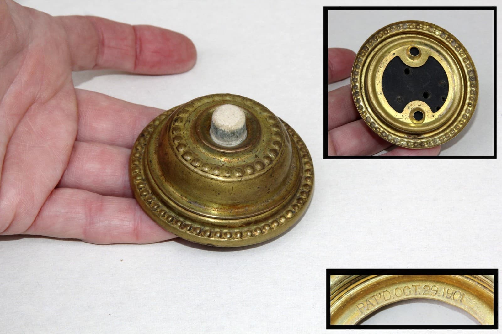 Antique Patented 1901 Round Beaded Brass Doorbell w Bakelite or Stoneware Button