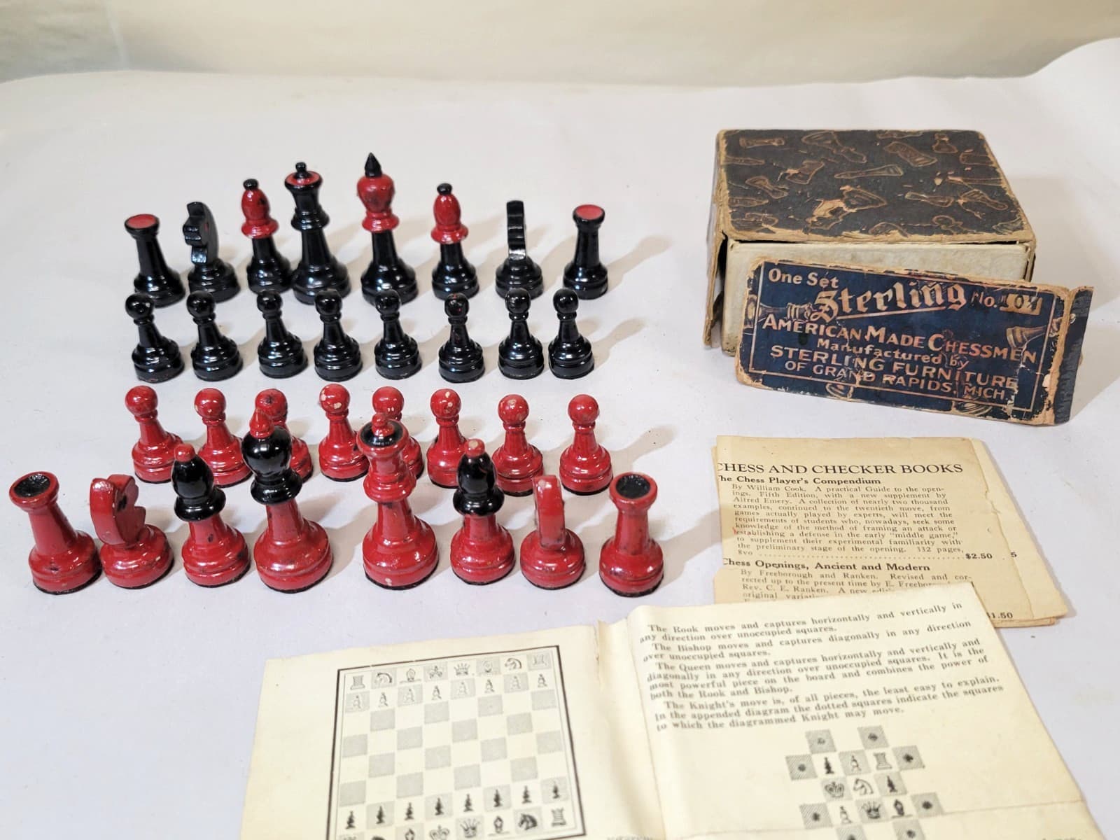 1920s Sterling Furniture Wood Chess Set Pieces Box Instructions Vintage Art Deco