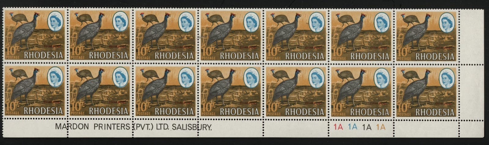1966 RHODESIA - 10sh GUINEA FOWL - JH3 MARDON TRIAL PRNTING 1A block - RARE