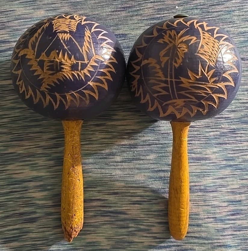 Vintage Hand Carved, Handmade Maracas With Etched Design, Queen And Jungle