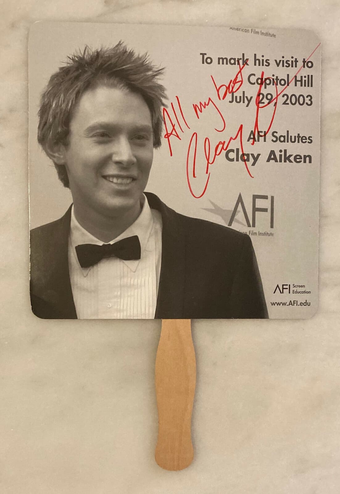 CLAY AIKEN Signed Paper Fan; 2003 Capitol Hill AFI Event; Personally Autographed
