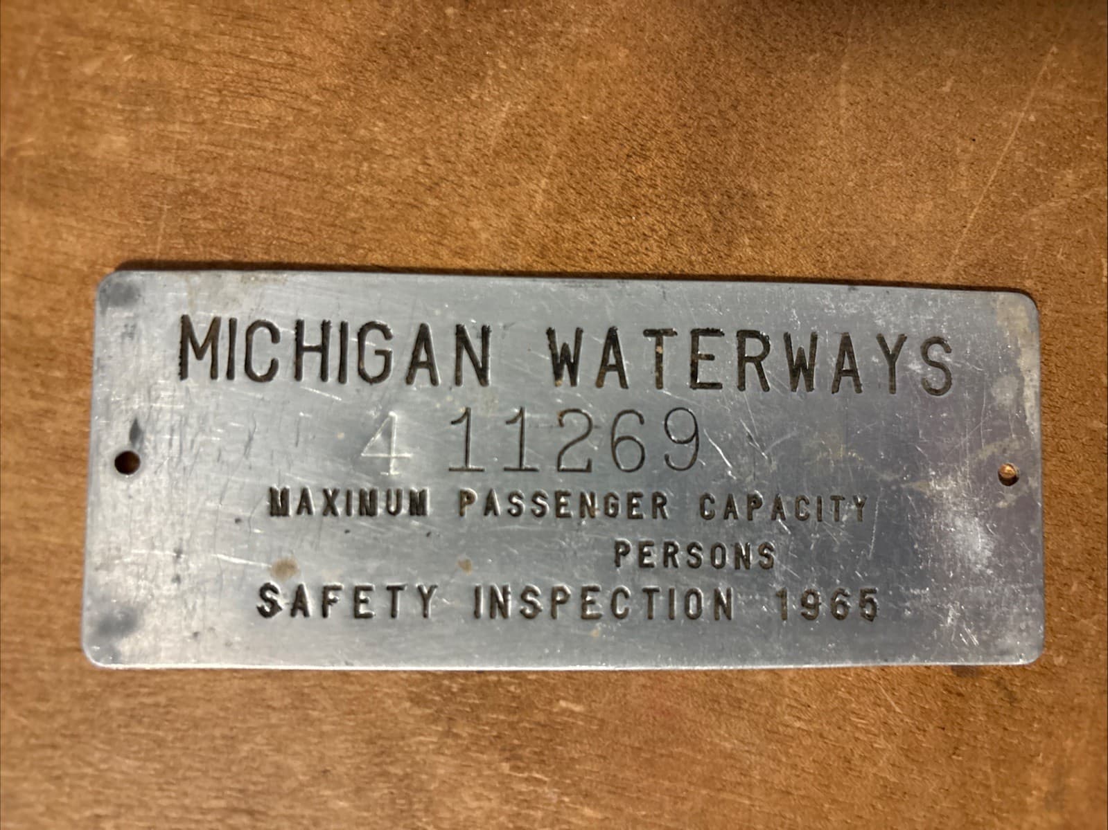 1965 Michigan Waterways DNR Safety Inspection Tag # 11269 Metal