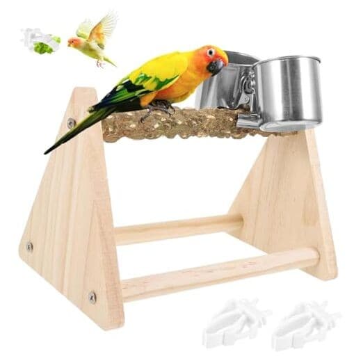 Parrot Play Wood Stand with Feeder Cups, Bird Grinding Perch Bird Perch Stand
