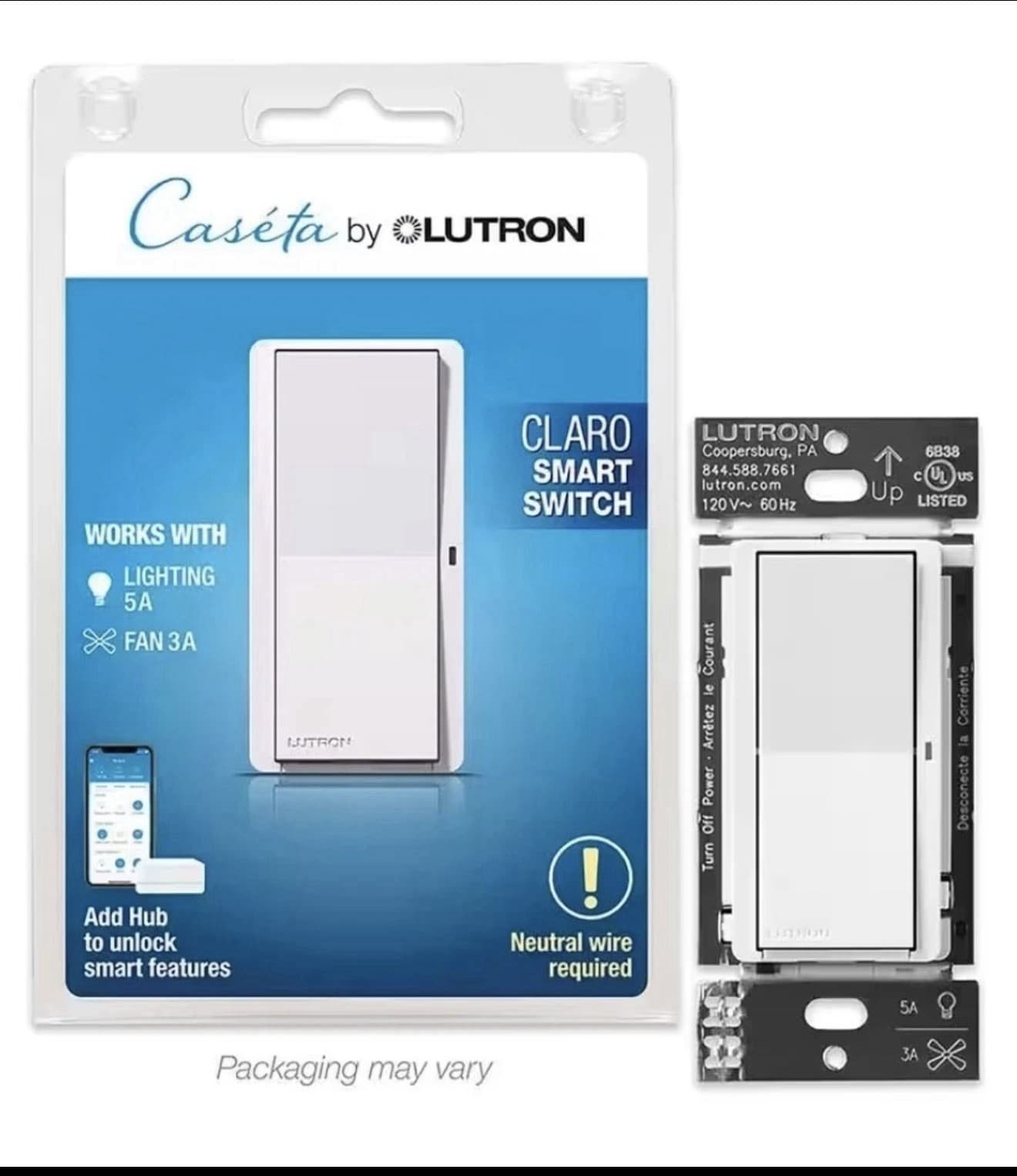 Lutron Caseta Claro Smart Accessory Switch + Wall Plate - DVRF-AS-WH- White