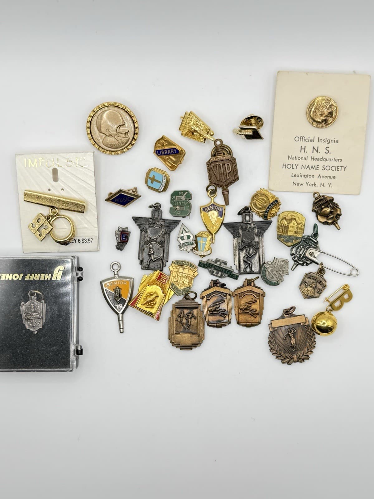 Vintage Lot Of 31 Medals Awards School Pendant Lapel Pins Charms NHS Key Badge