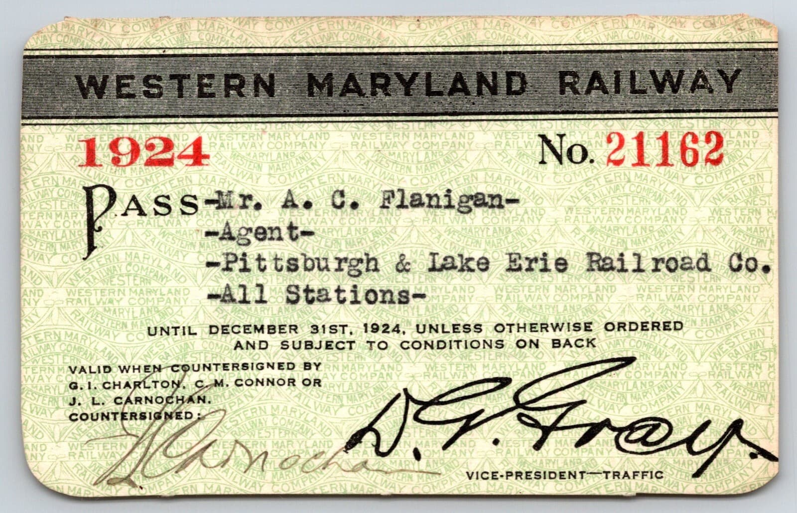 1924 Western Maryland Railway / P&LE Employee "Flanigan" Yearly Railroad Pass