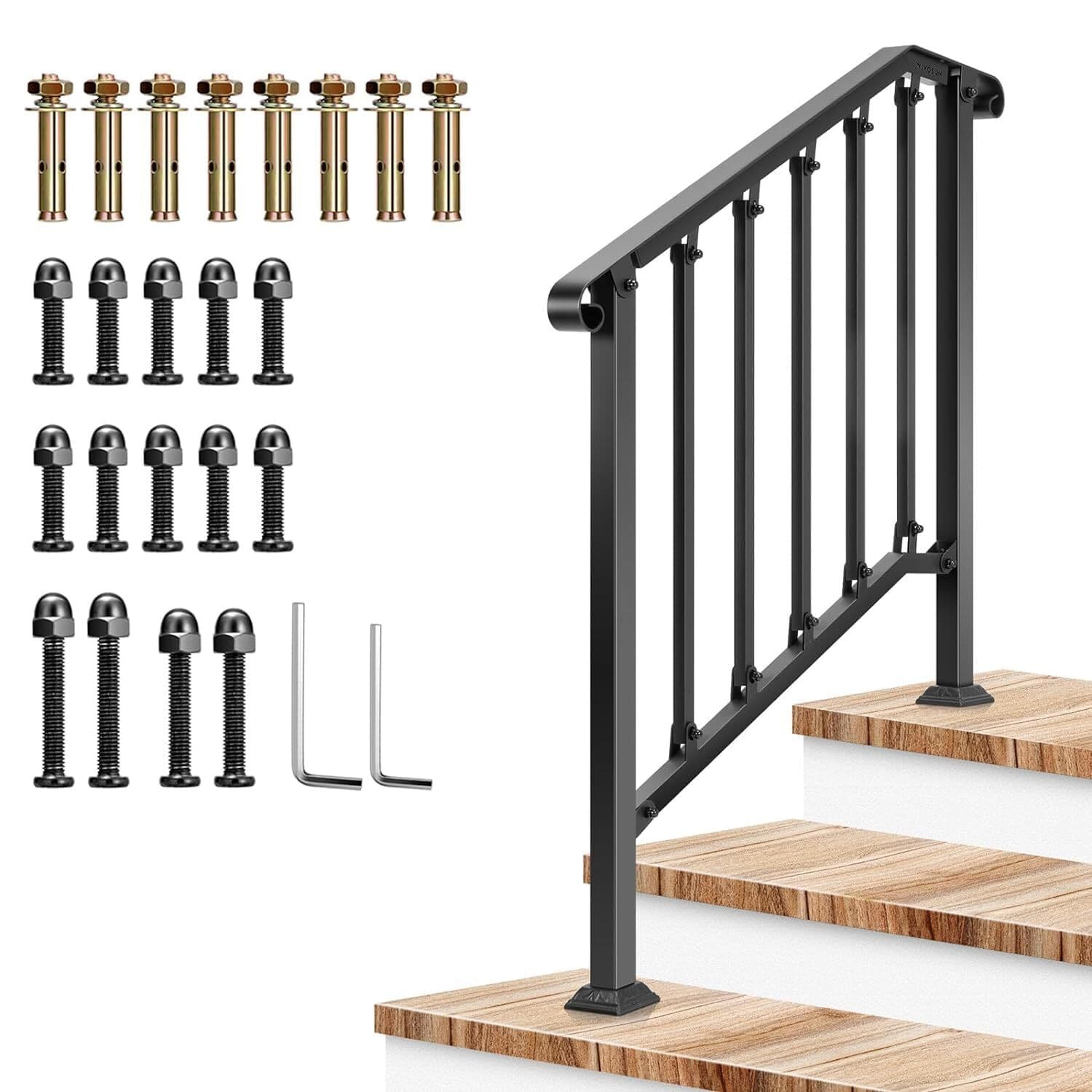 VIVOSUN Wrought Iron Handrail Stair Railing for 2/3/4/5 Steps Adjustable Height
