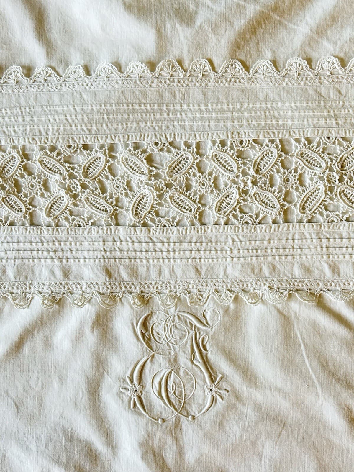 Vintage European Handmade Pillow Shams Lace & Monogram Pair 30x32 White Lovely!!