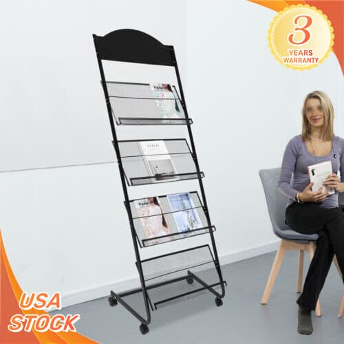 4-Tier Metal Wheeled Magazine Rack Newspaper Brochure Storage Display Stand