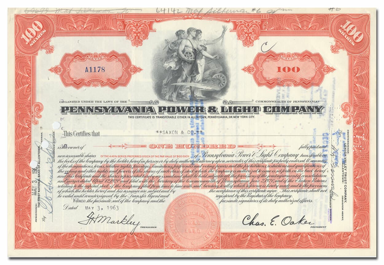 Pennsylvania Power & Light Company Stock Certificate