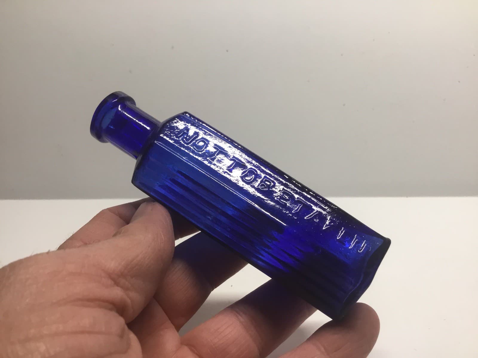 Antique 6 Sided Cobalt Blue Not To Be Taken Poison Bottle With Amber Swirls.