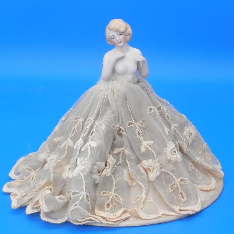 Vintage HALF DOLL PIN CUSHION Porcelain Figurine Bathing Beauty HANDS AWAY