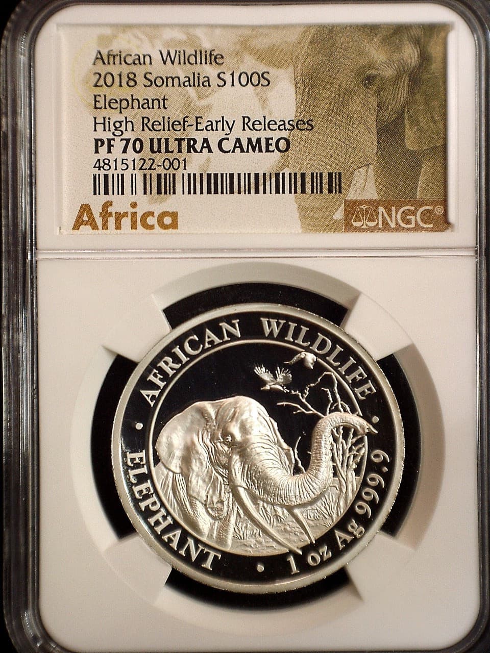 2018 1 Oz Silver Somalia Elephant,High Relief Proof,Early Releases NGC PF 70