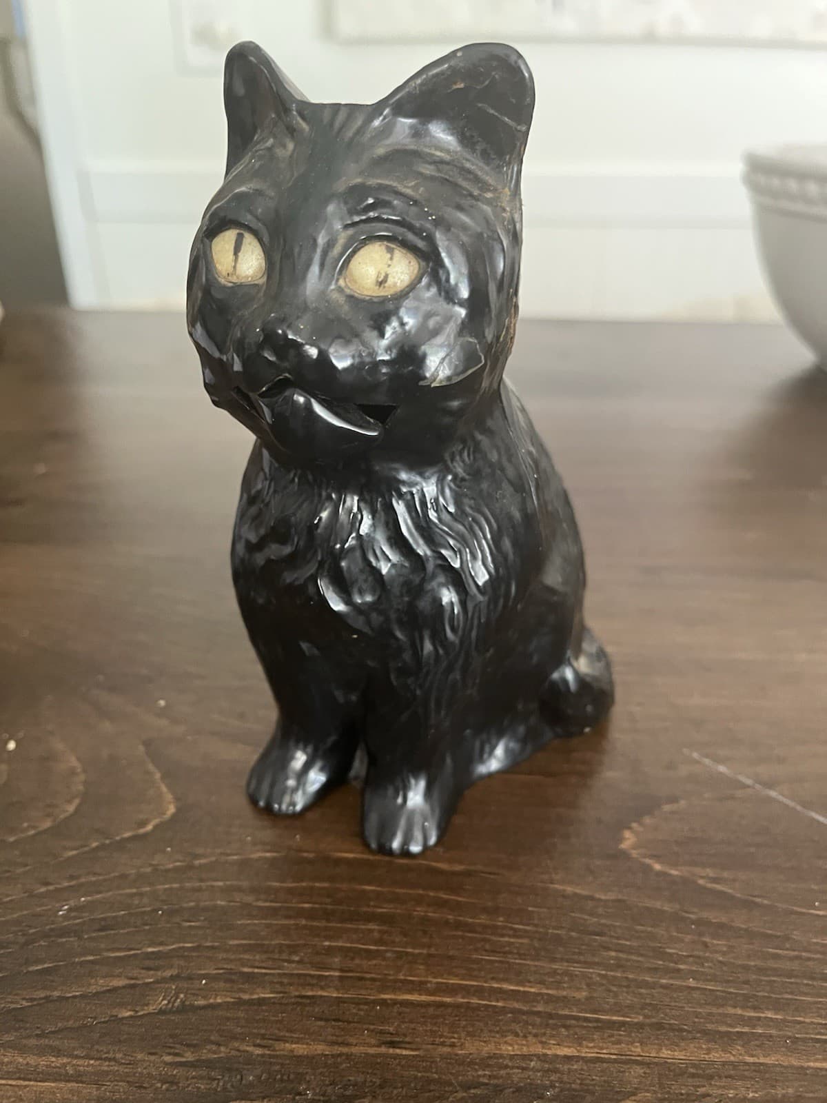 Vintage Halloween 50's Hard Plastic Sitting Black Cat Coin Bank w/ Stopper!