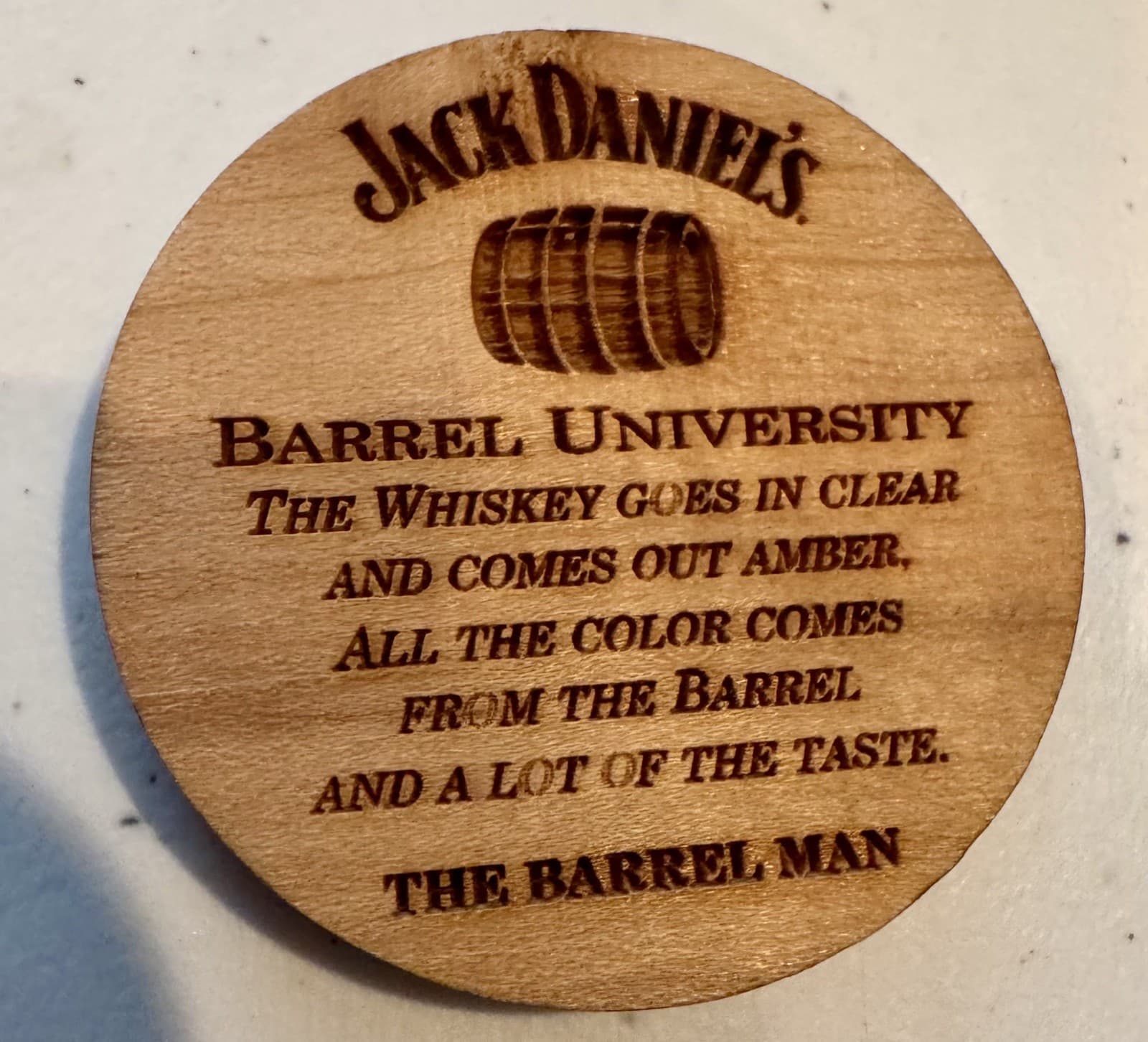 Super rare Jack Daniel’s Wooden shot coaster 2” round barrel man University