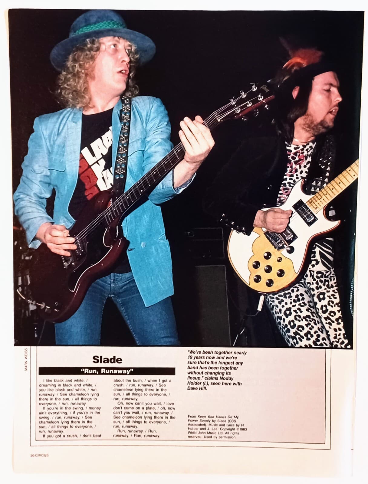 SLADE~RUN, RUNAWAY LYRICS~ORIG 1984 POSTER~VTG FULL PAGE MAGAZINE PINUP CLIPPING