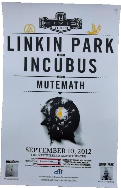 LINKIN PARK / INCUBUS / MUTEMATH "CIVIC TOUR" 2012 SAN DIEGO CONCERT POSTER