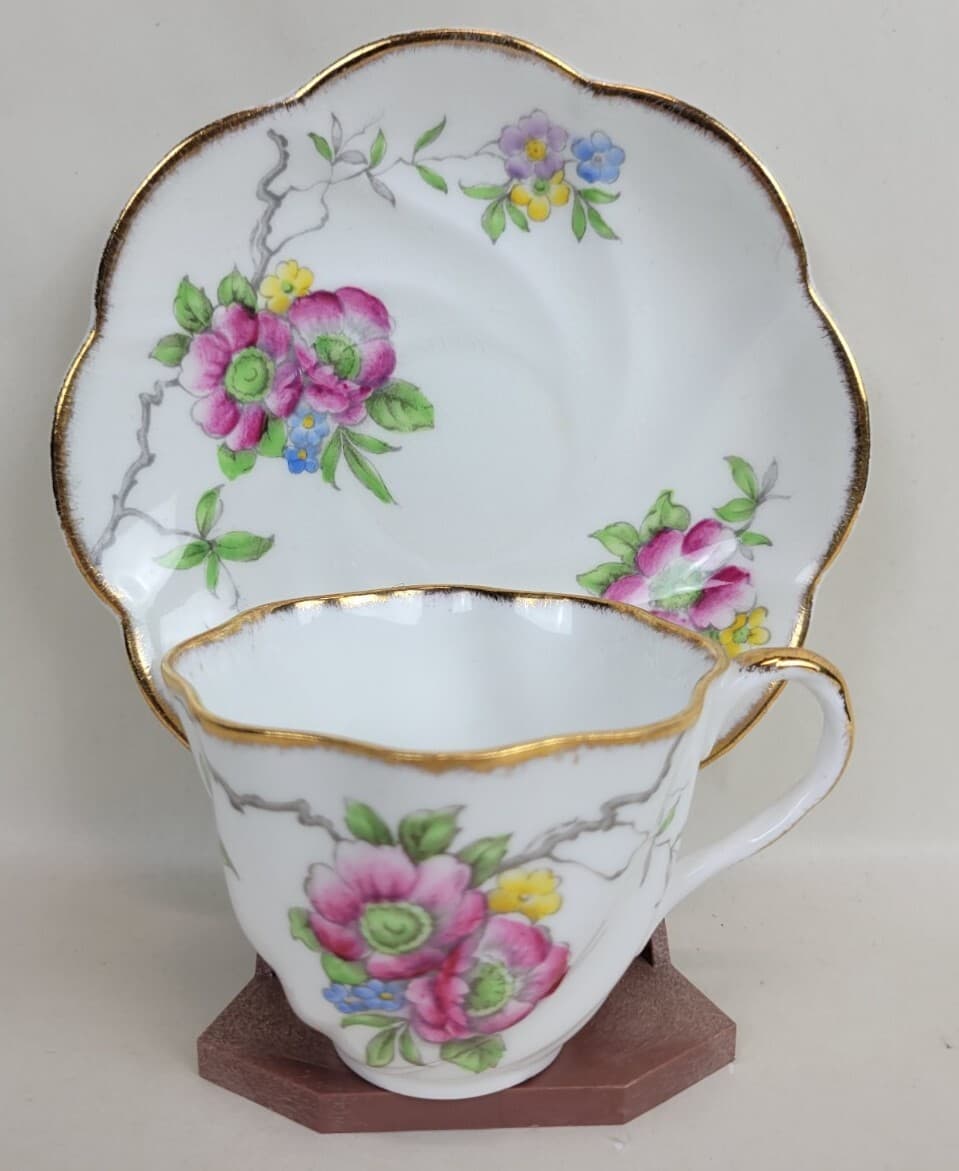Vintage Salisbury Crown China Floral Teacup & Saucer Gold Rim Swirl England 1917