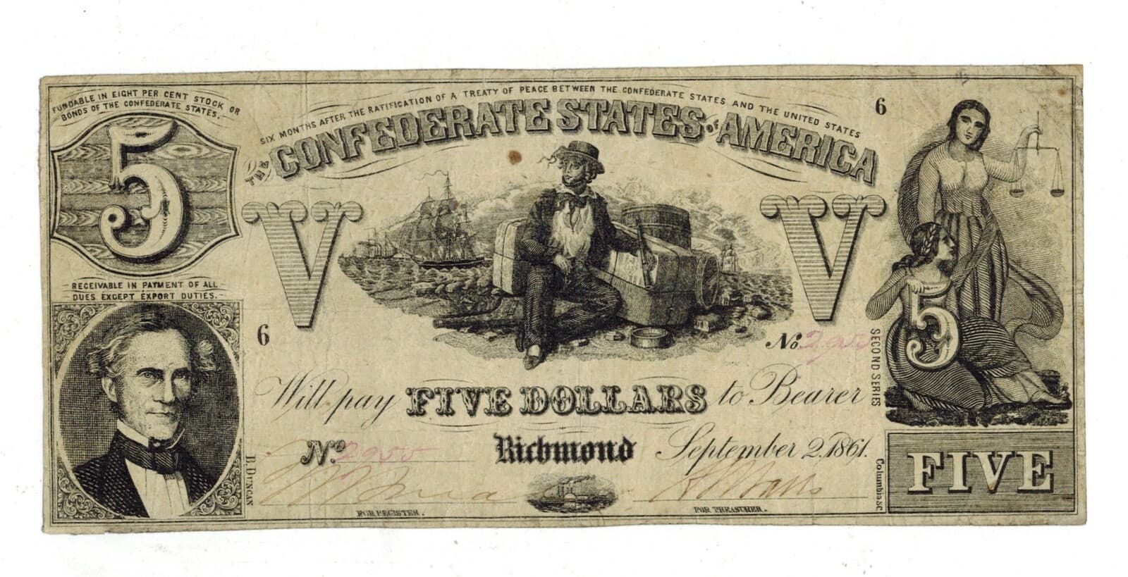 Sept 2 1861 CONFEDERATE STATES OF AMERICA CSA $5 Currency T-37 2nd Series