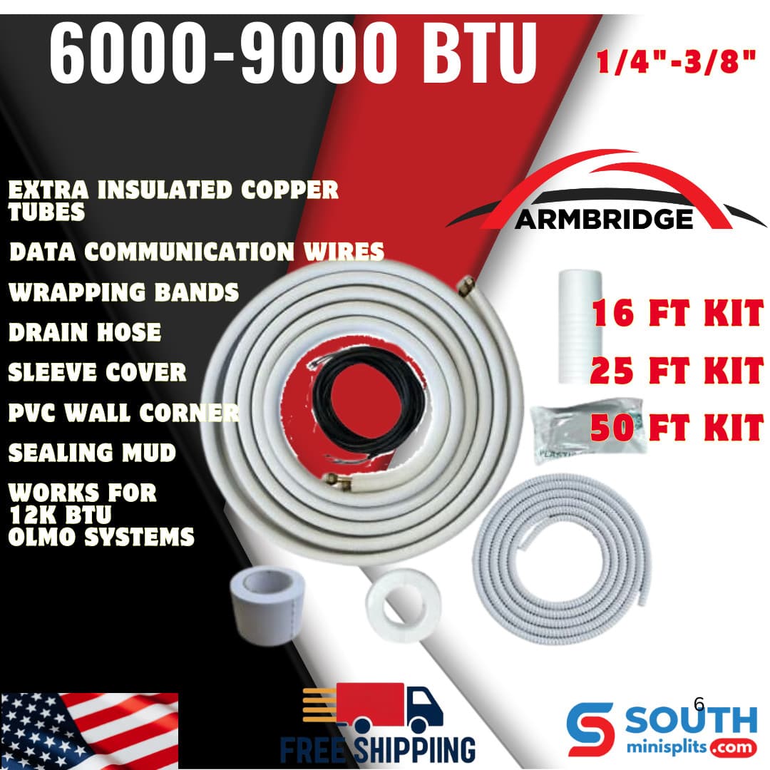 Extra Insulated ARMBRIDGE 1/4"-3/8" Mini Split Kit 16ft/25ft/50ft for 6k-9k BTU