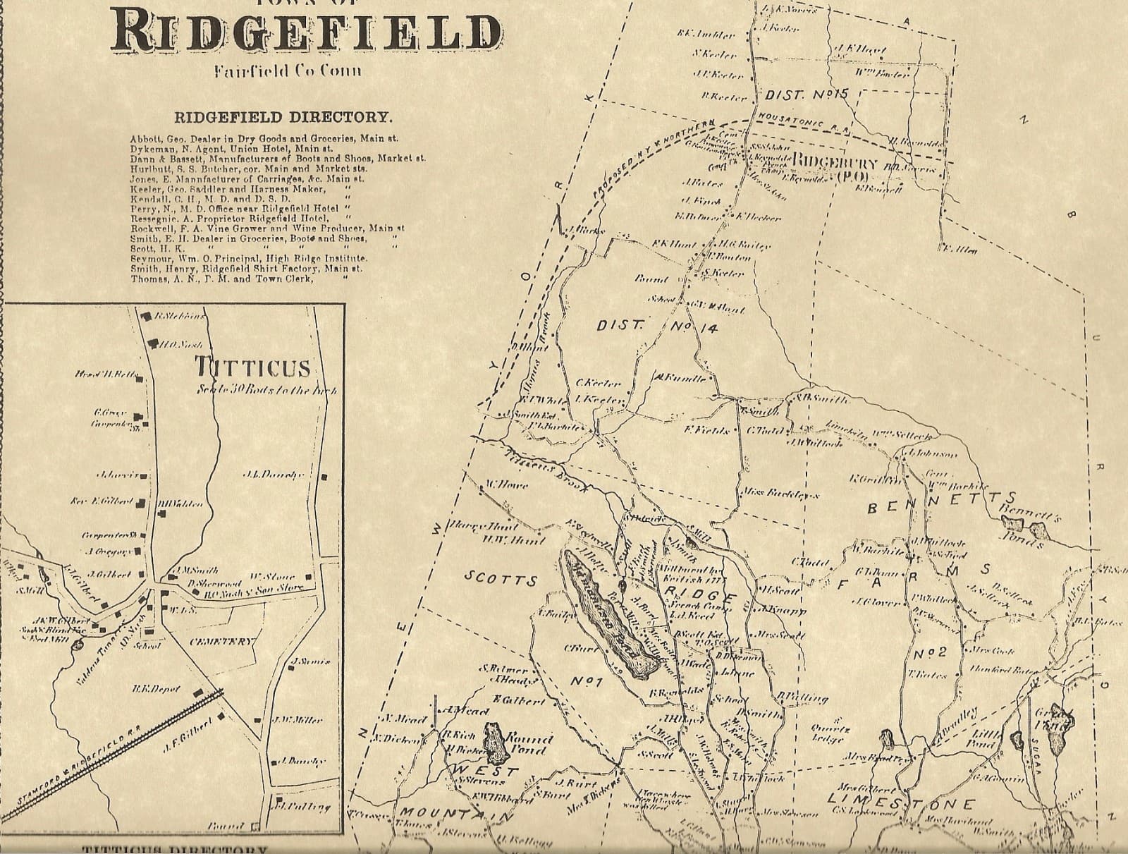 Ridgefield Georgetown Titicus CT 1867 Maps with Homeowners Names Shown