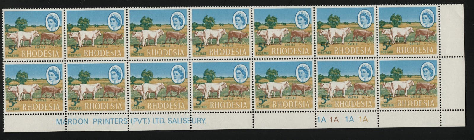 1966 RHODESIA - 5sh CATTLE - JH3 MARDON TRIAL PRNTING 1A block - RARE