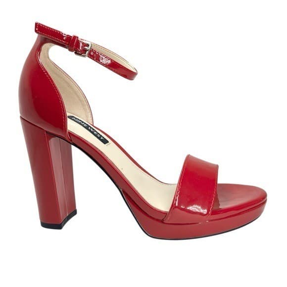Nine West Women's Elope High Block Heel Sandals Red Patent Size 6.5M