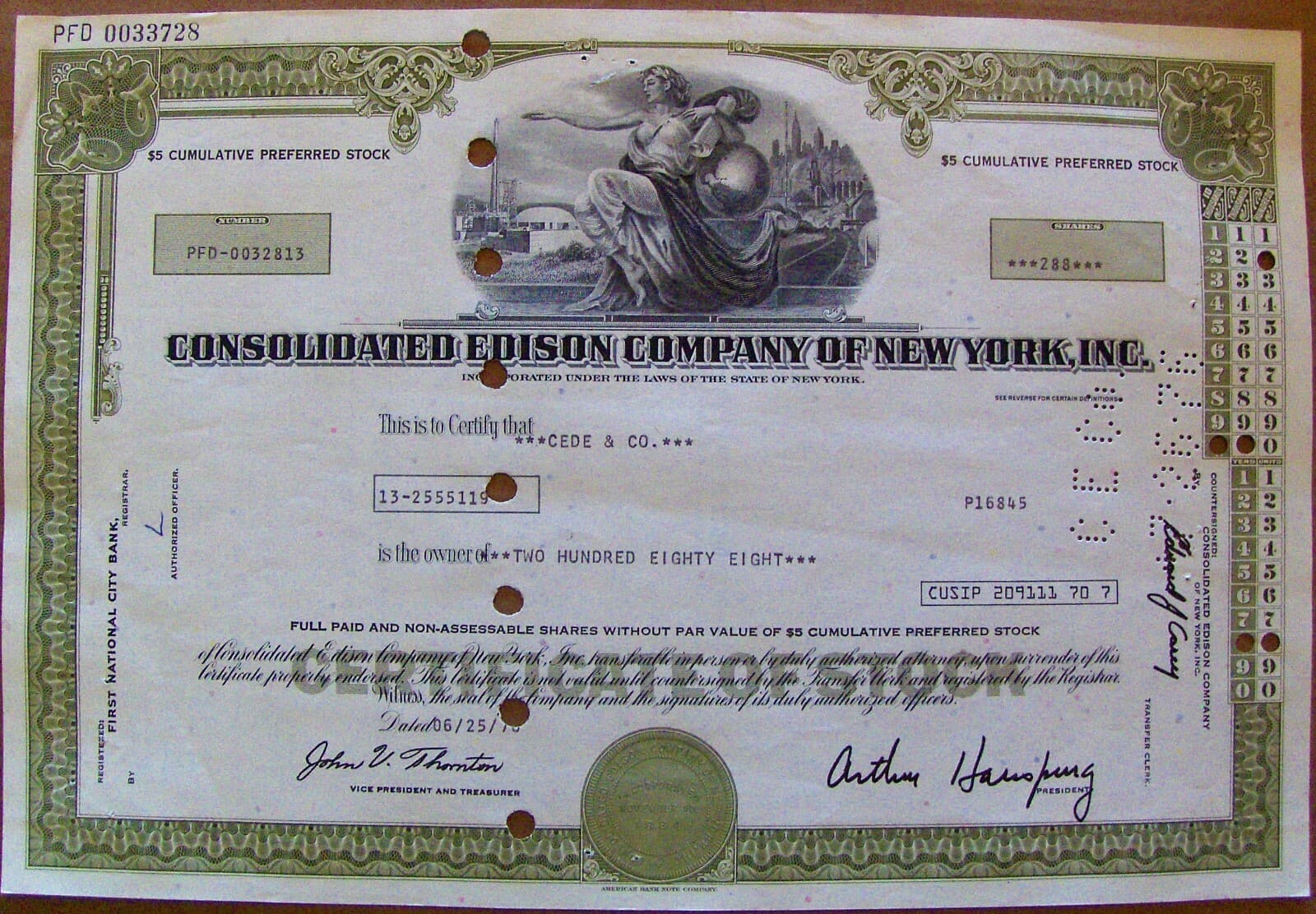 Stock certificate Consolidated Edison dated 1970s