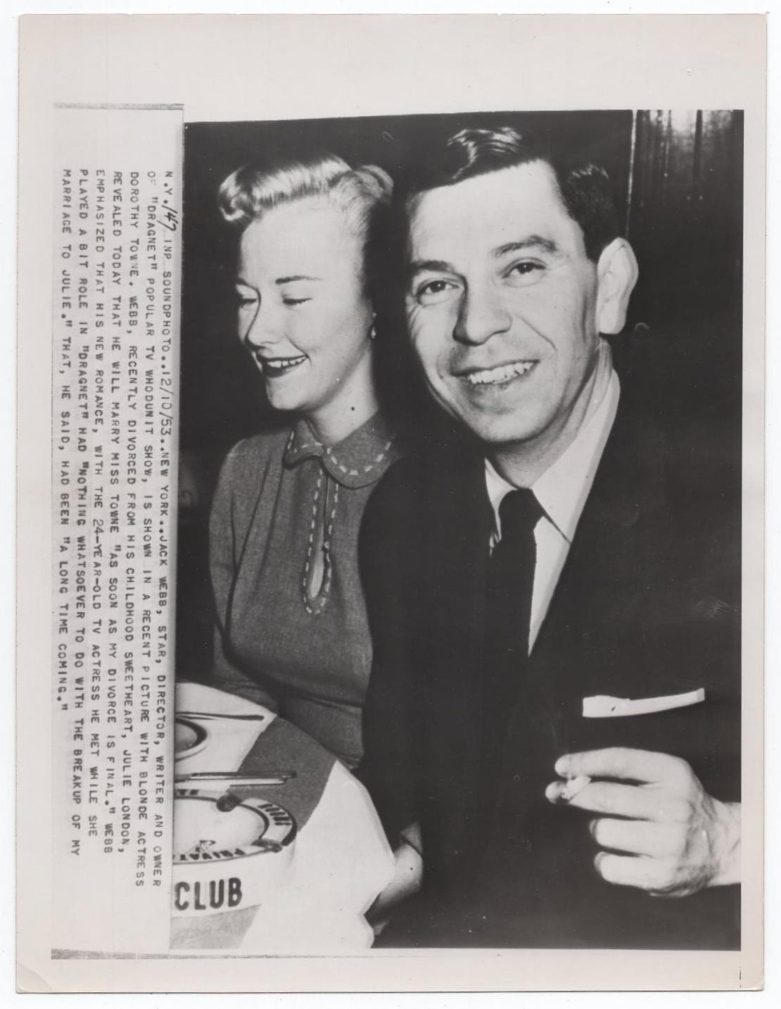 JACK WEBB PRESS PHOTO #5 Dorothy Towne 1953 Orig INTERNATIONAL NEWS - DRAGNET TV