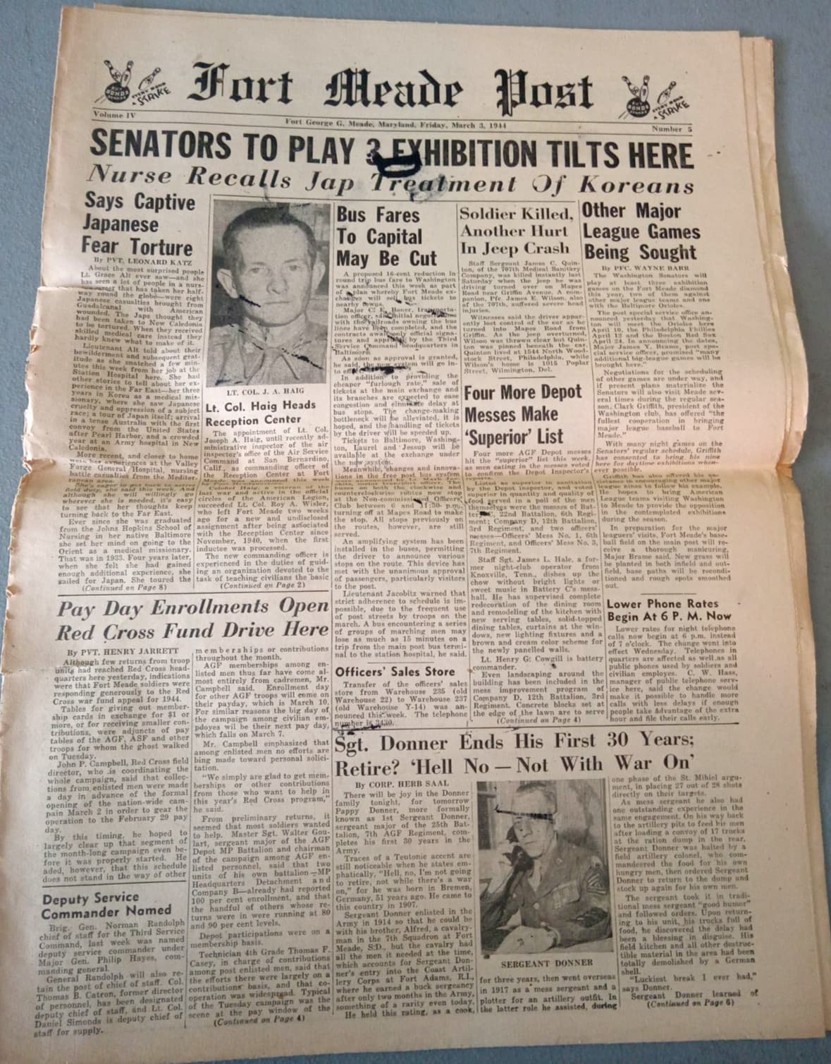 WWII WW2 FORT MEADE POST March 3 1944 Newspaper Japanese Treatment of Koreans