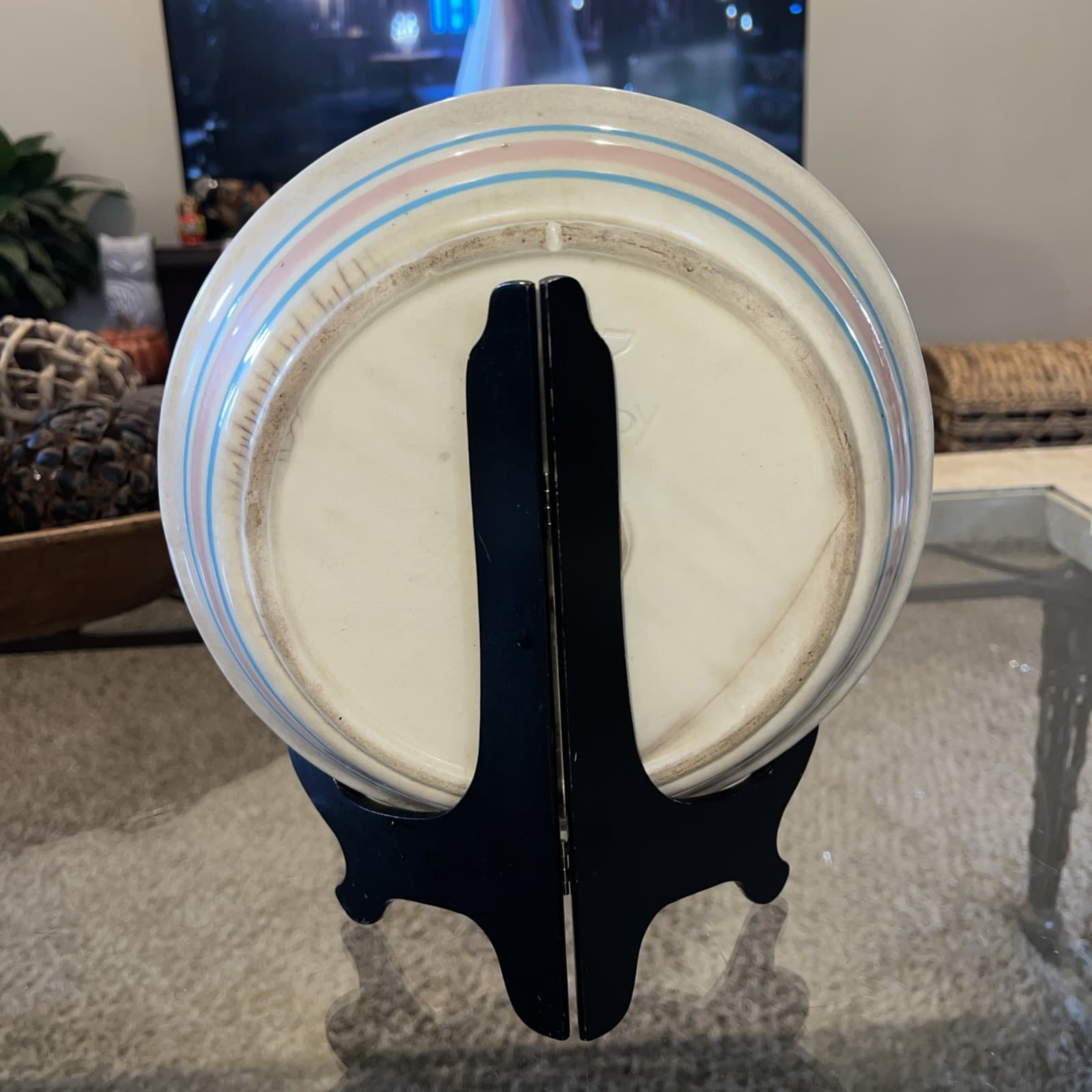 Vintage McCoy Pink blue Stripe HTF Pie Plate Baker Dish 7127 READ 10” Rare