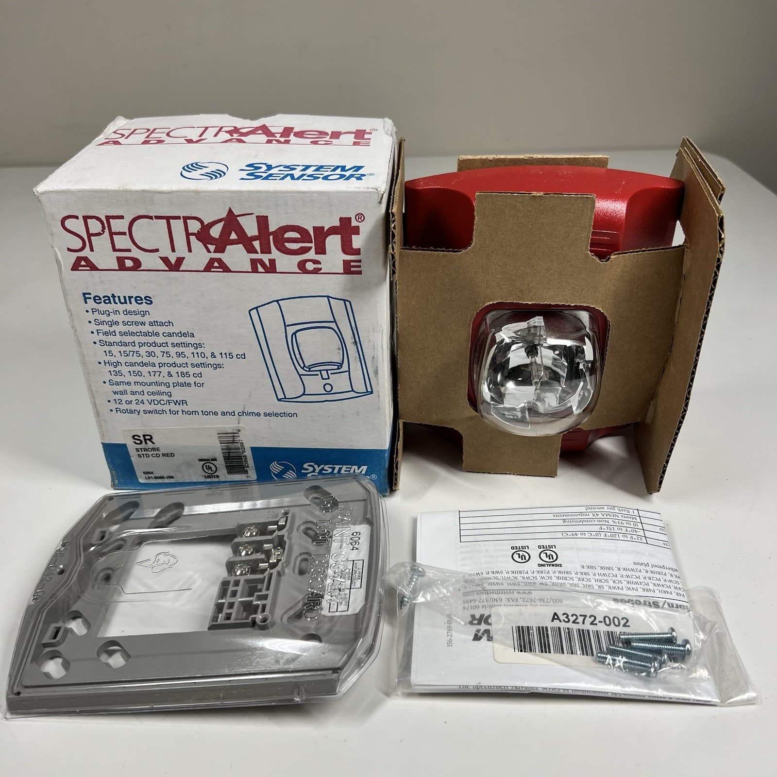 System Sensor SpectrAlert SR Fire Alarm Strobe Red w/ Mounting Plate NEW