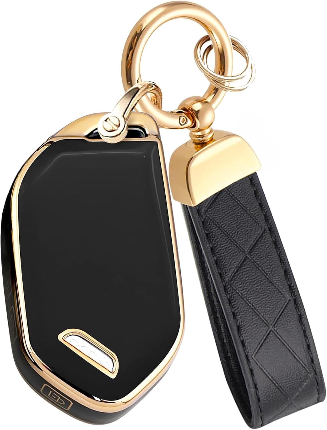 Key Fob Cover with Leather Keychain, Premium TPU Key Case Shell Black-gold