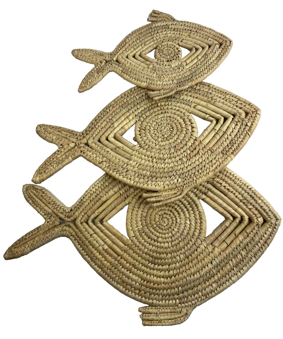 Set Of 3 Fish Trivet Hot Pads Wall Decor Woven Rattan Different Sizes MCM