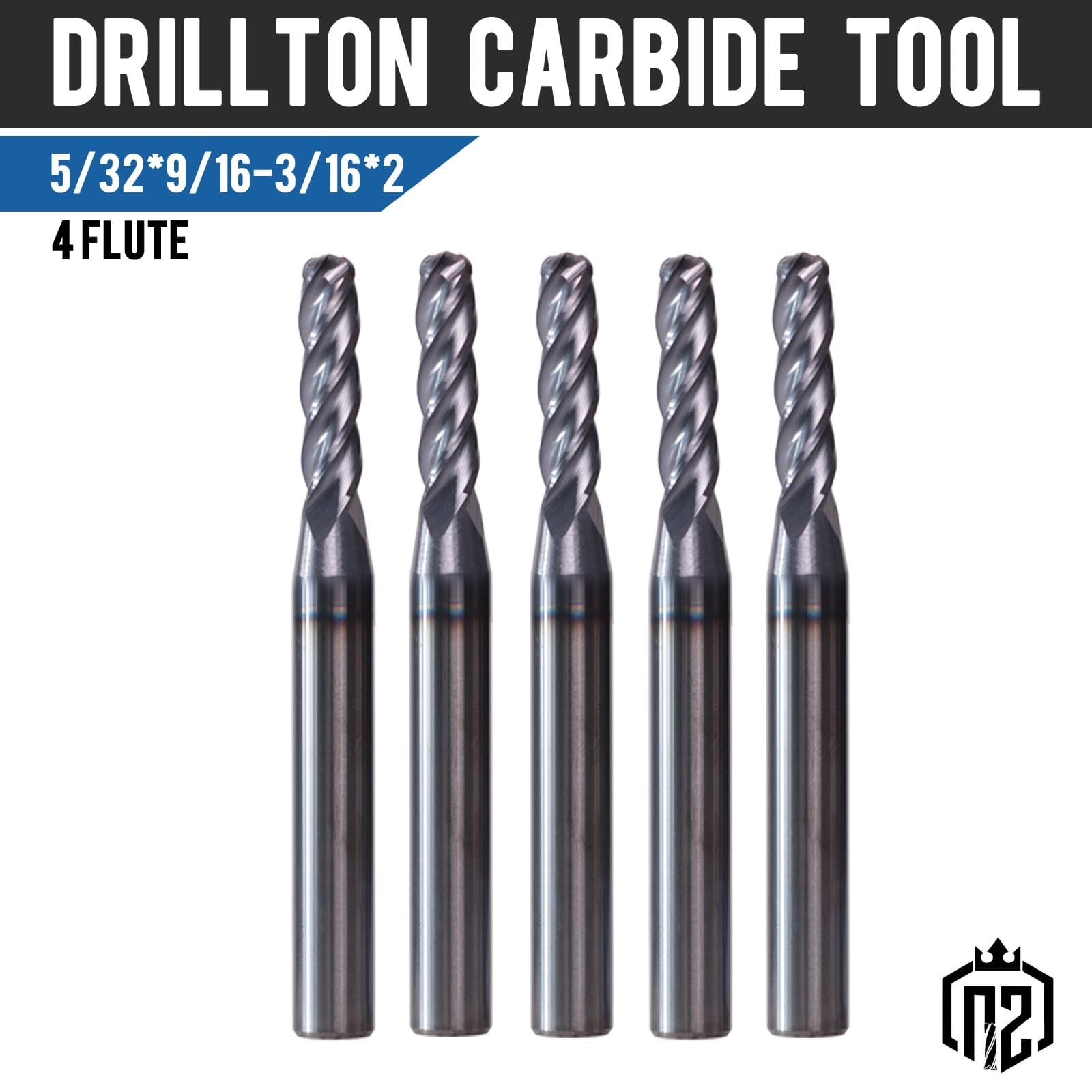 5 PCS 5/32" 4 Flute 2" Overall Length Ball Nose Carbide End Mill AlTiN Coated