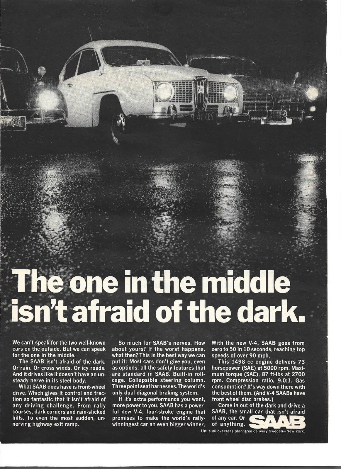 Original 1967 Saab vintage print ad: "The one in the middle isn''t afraid of...