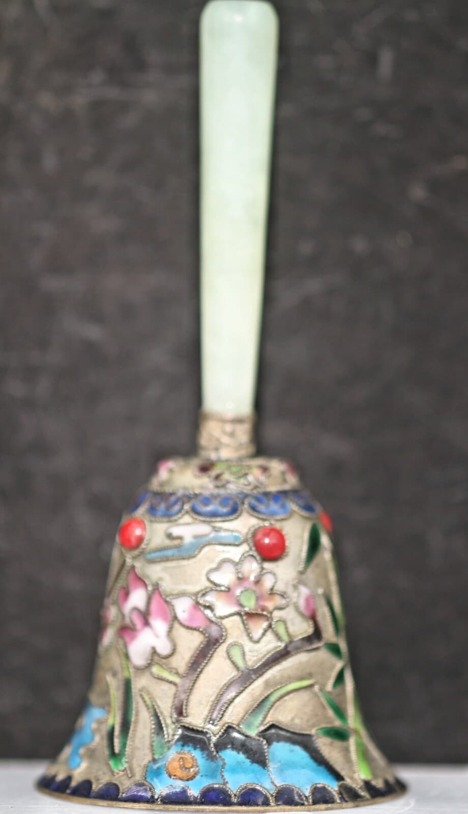 Exquisite Vintage Chinese Cloisonne Brass Bell w/Jadeite Handle