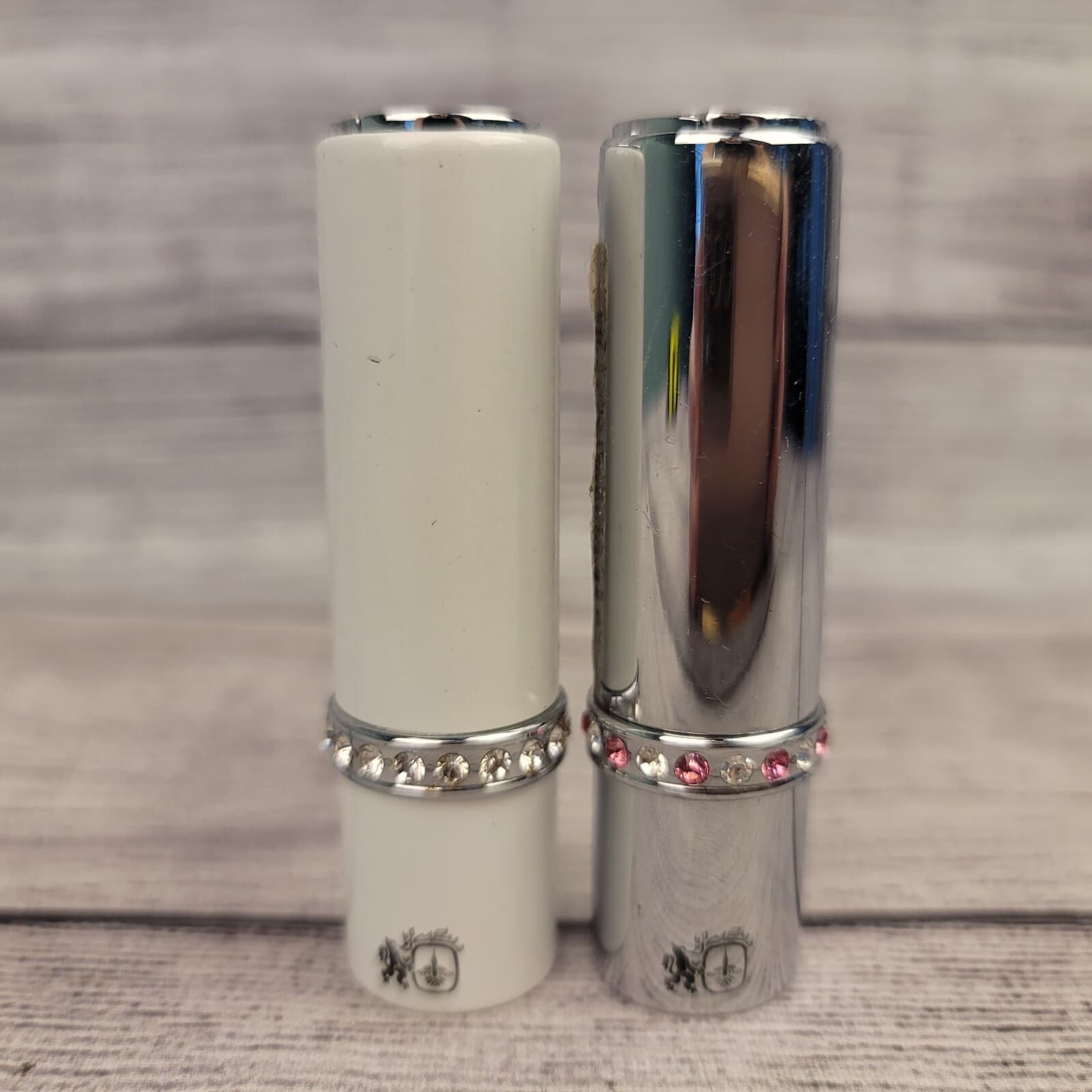 2x Vintage Colibri Lipstick Lighter White/Chrome Enamel & Rhinestones