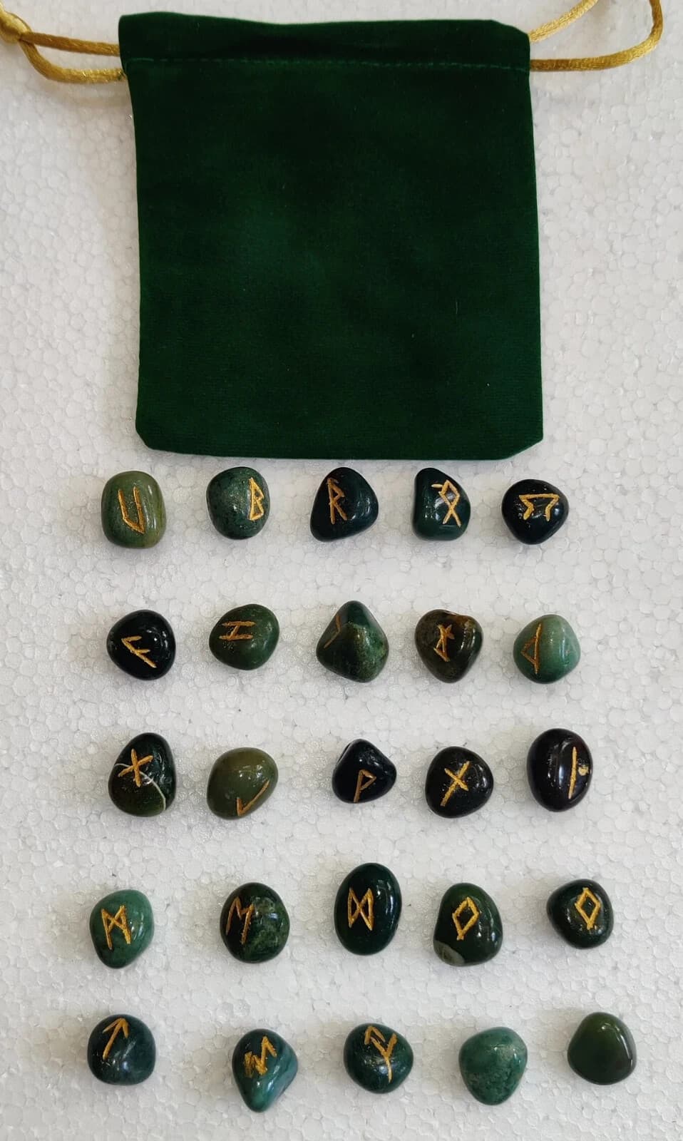 Green Jade Rune Stone Set - 25 Elder Futhark Runes with Velvet Pouch.