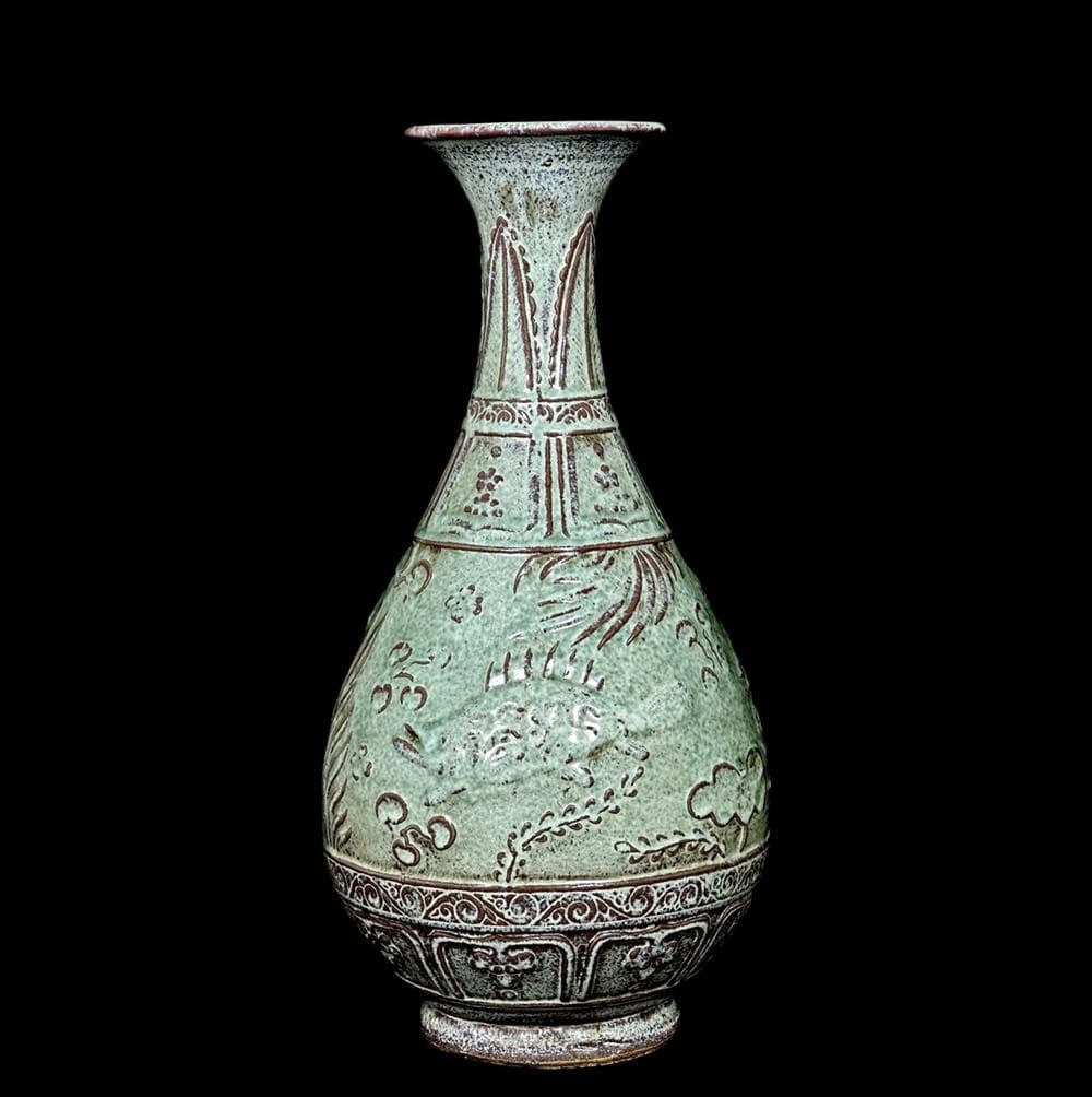 39CM Old Chinese Yaobian Glaze Vase W/fish U1486