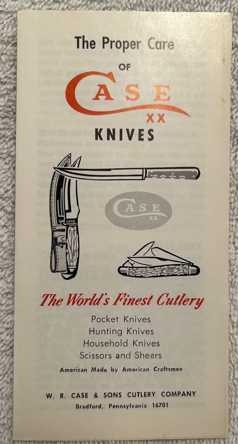 Vtg. Pamphlet Proper Care Of Case XX Knives Dated 1971 Pocket Hunting Household