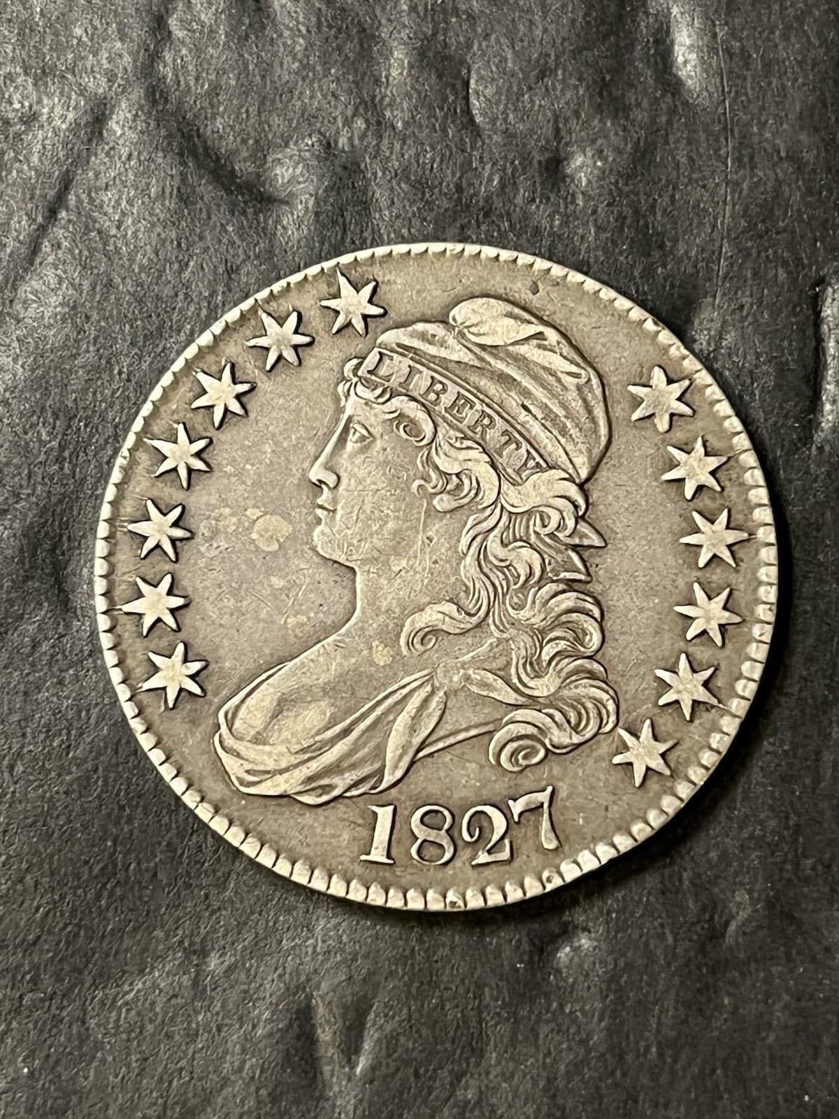 1827 capped bust half dollar Xf Reverse Mint Error Machine Doubling