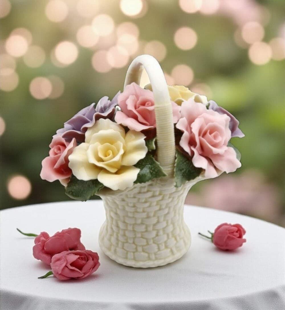 Ceramic Rose Flowers Basket Figurine, Wedding Décor or Gift, Anniversary Décor o