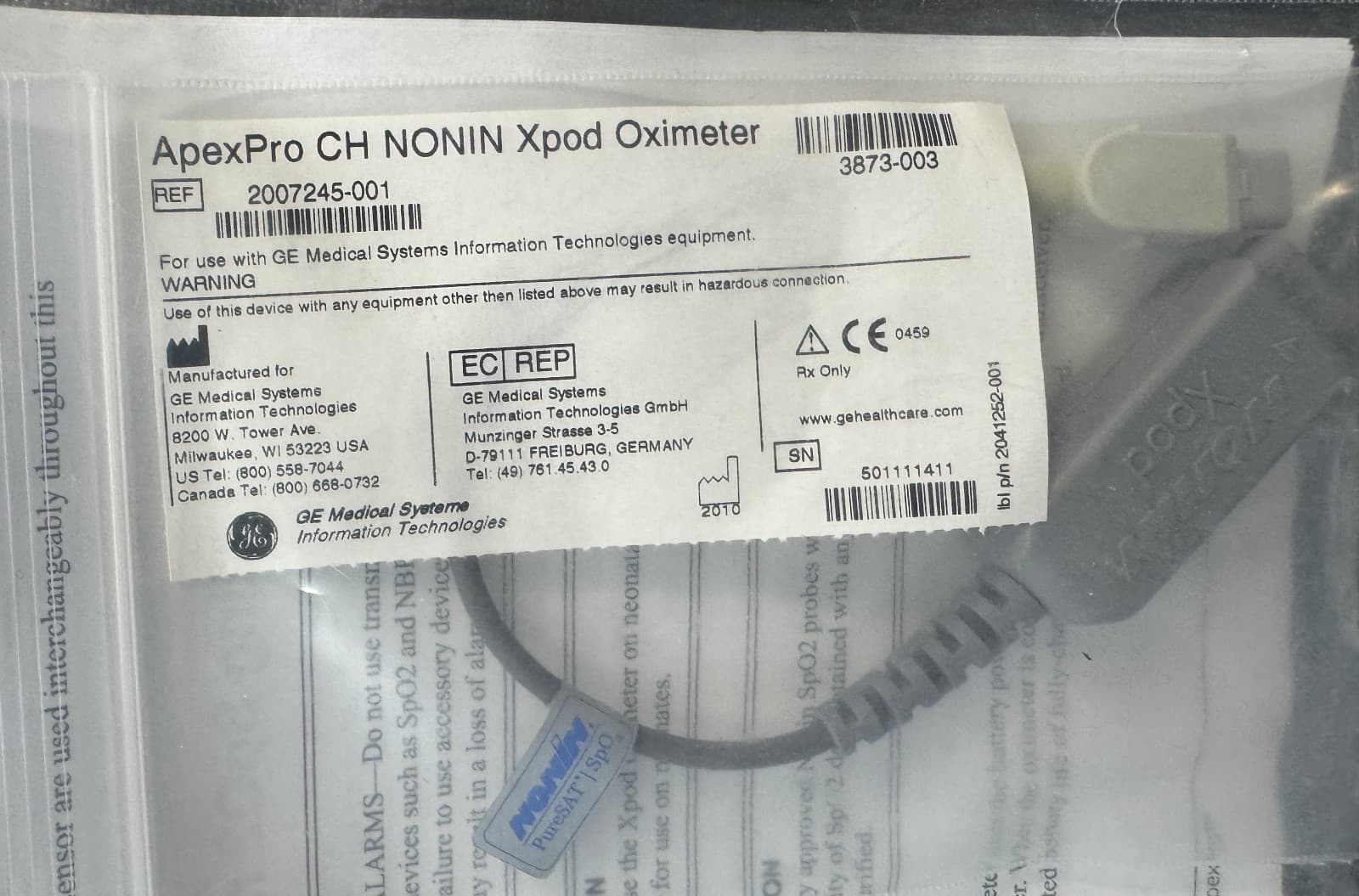 ApexPro CH Nonin Xpod Oximeter Ref# 2007245-001 GE CH Telemetry SPO2 Cable NEW