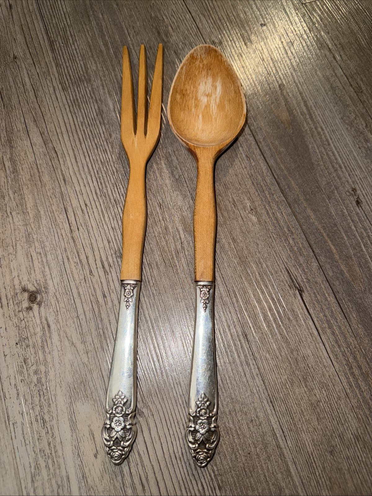 Sterling Handled Two Piece Salad Serving Spoon & Wood Fork Vintage Serve Ware
