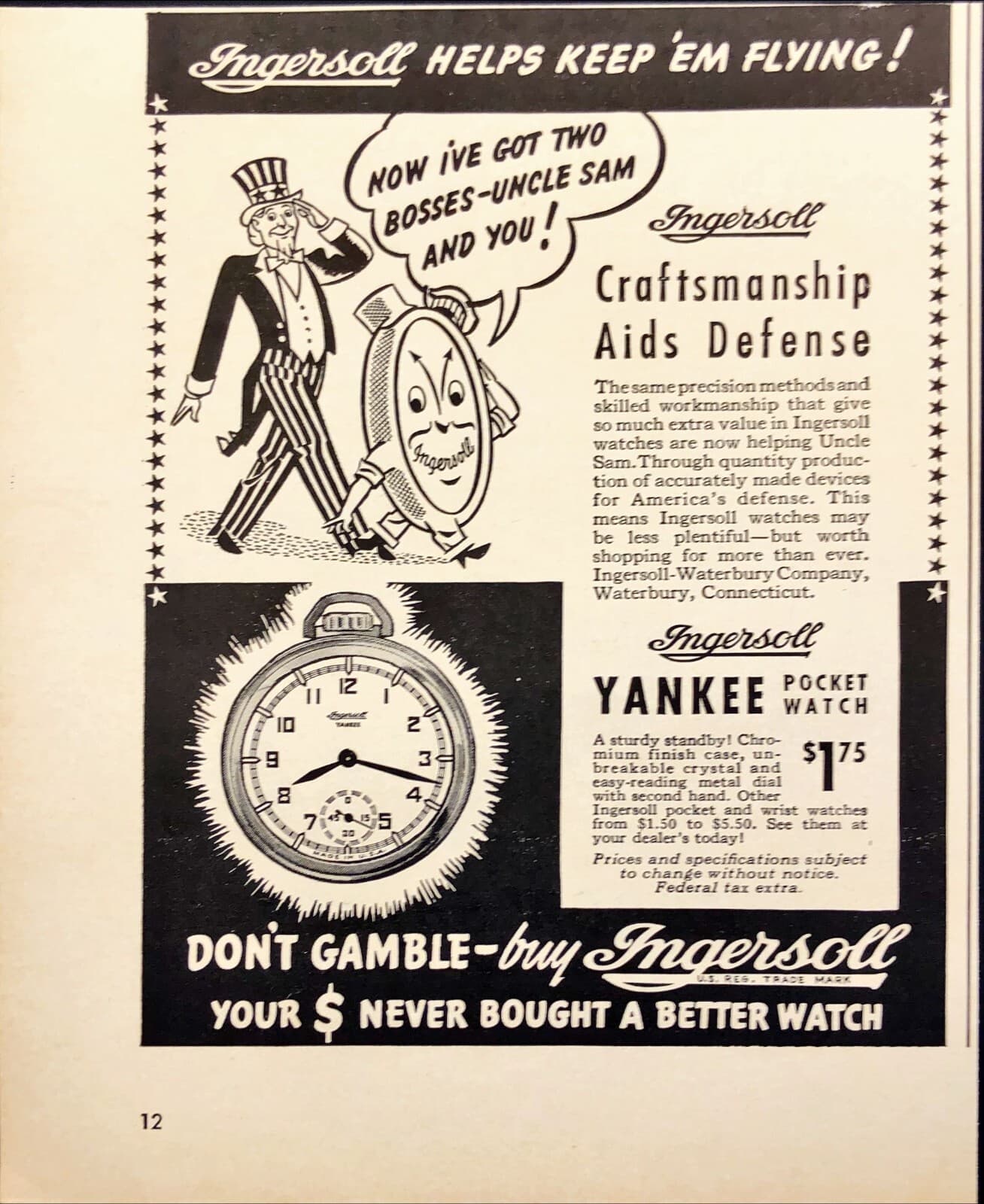 1942 Ingersoll Watches Uncle Sam Walking With Clock Man Vintage Print Ad