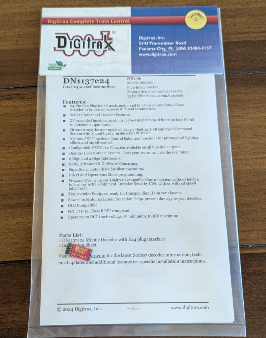 Digitrax DN1137e24 Mobile Decoder for E24 Socket Locomotives N Scale