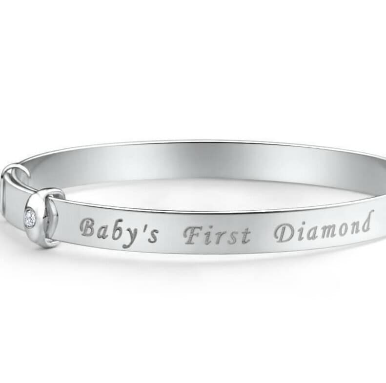 Silver Baby's First Diamond Bracelet Bangle Girl Shower Baptism Christening Gift
