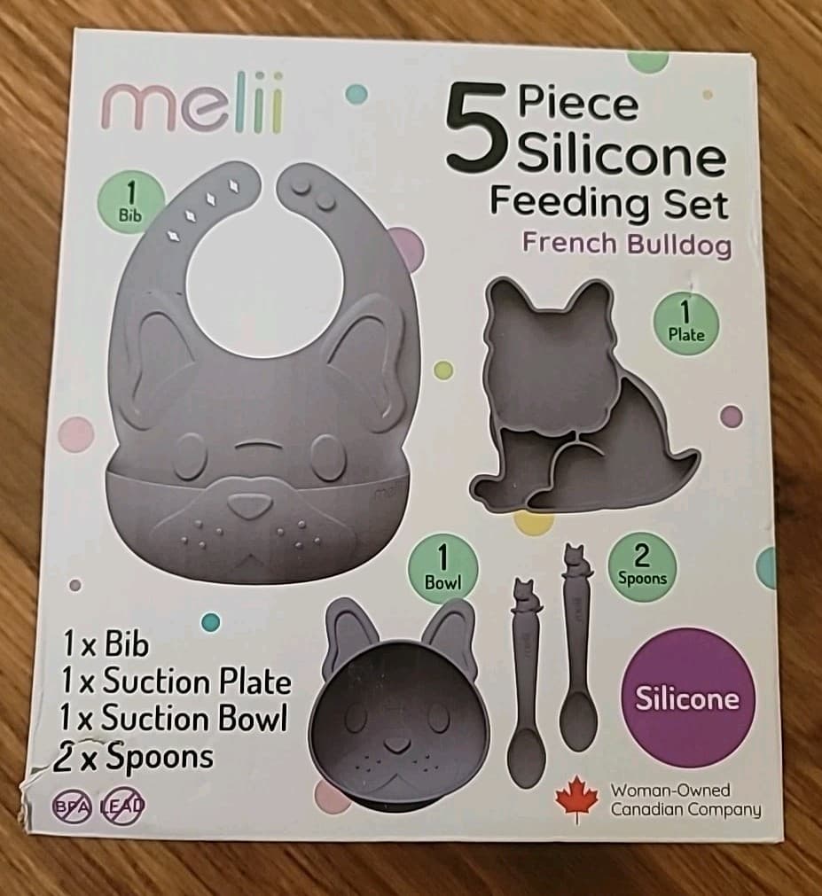 5 Piece Silicon Baby Feeding Set French Bulldog Bowl Bib Plate 2 Spoons Torn Bx