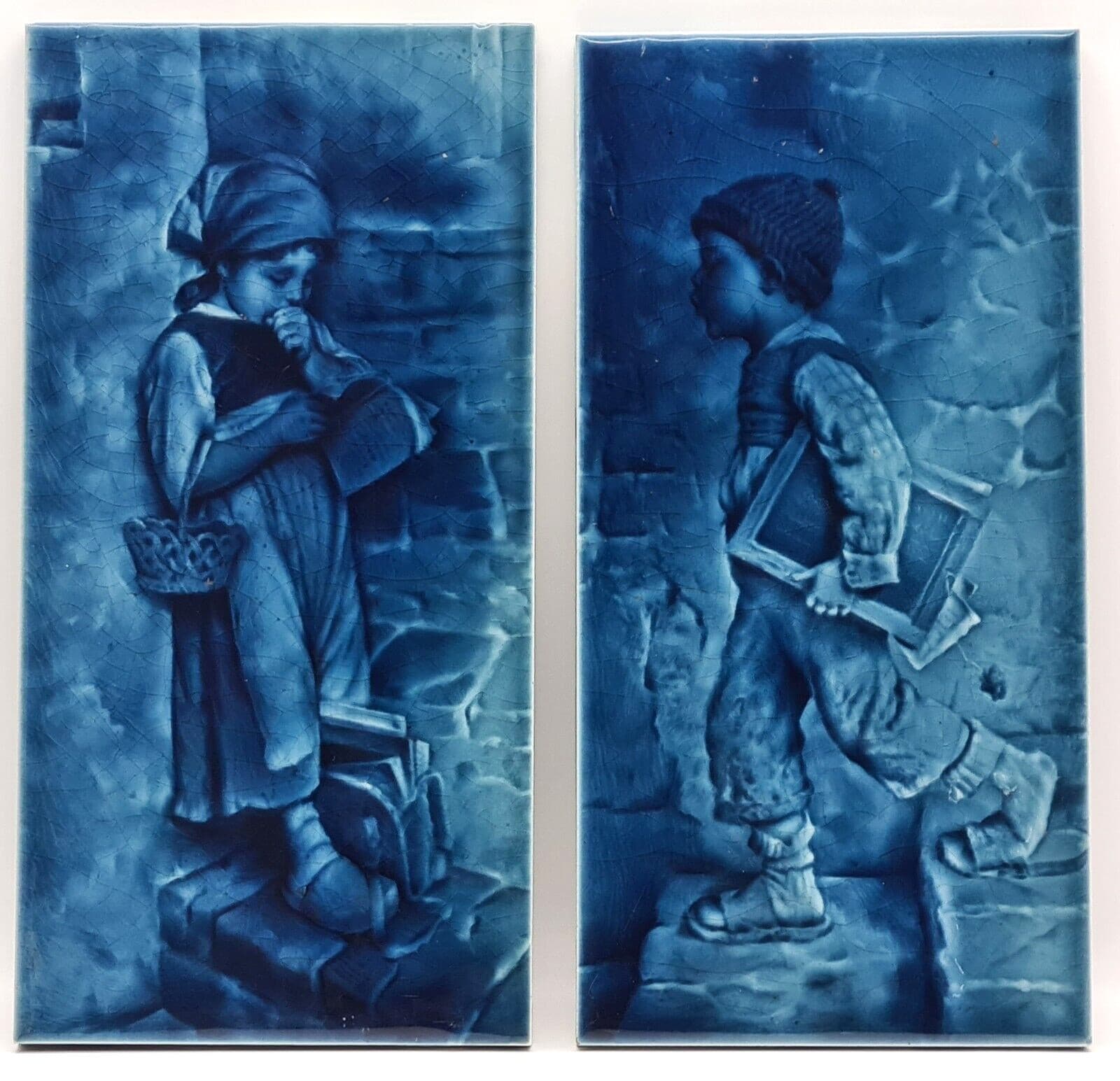 Antique Pair Of Fireplace Tiles Blue Majolica Craven Dunnill & Co 12" x 6" C1880